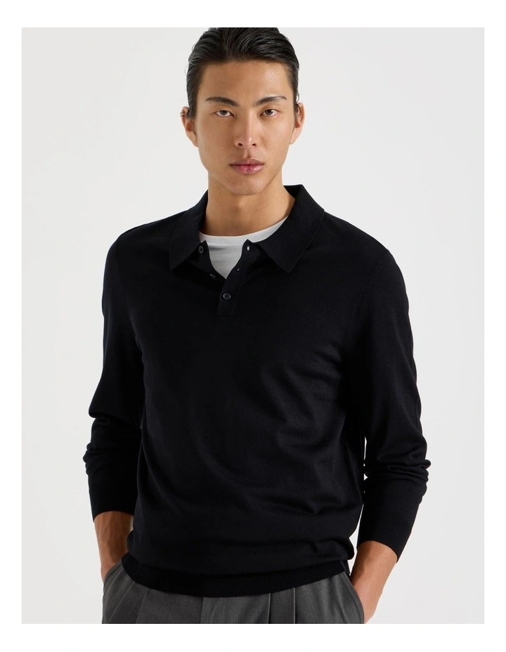 Long Sleeve Knit Polo in Black image 4