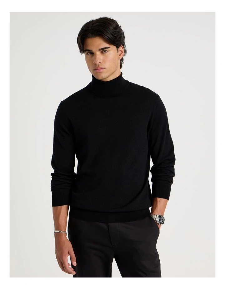 Merino Wool Roll Neck Knit in Black image 3
