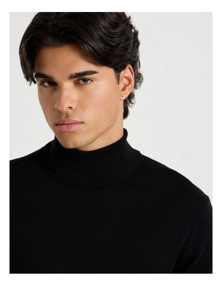 Merino Wool Roll Neck Knit in Black image 4