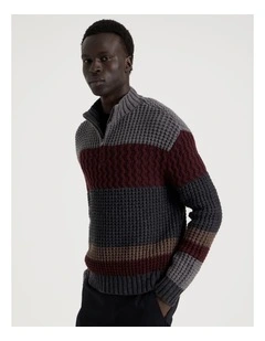 Block Striped 1/4 Zip Knit in Burgundy