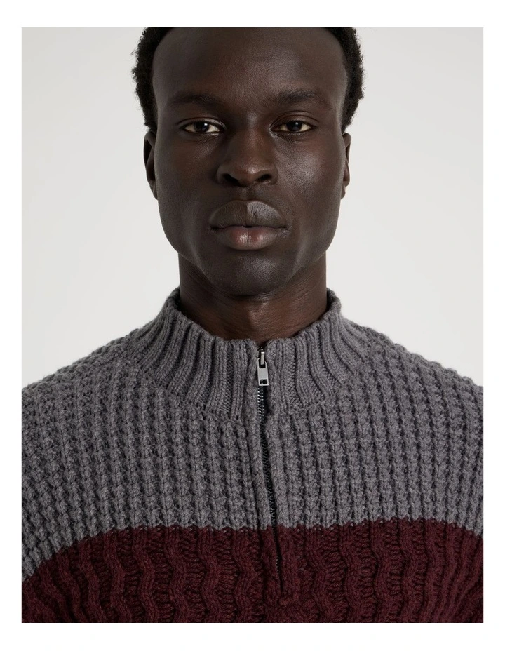 Block Striped 1/4 Zip Knit in Burgundy image 3