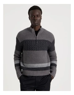 Block Striped 1/4 Zip Knit in Grey