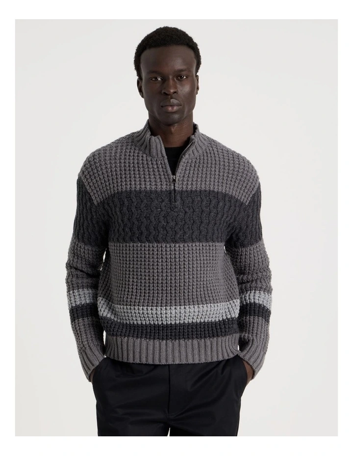 Block Striped 1/4 Zip Knit in Grey image 1