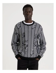 Herringbone Pattern Crew Neck Knit in Black
