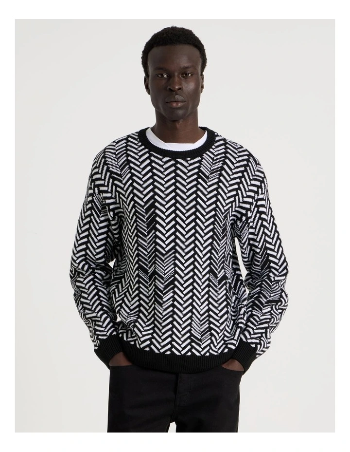 Herringbone Pattern Crew Neck Knit in Black image 1