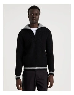 Contrast Collar Zip Through Bomber Knit in Black