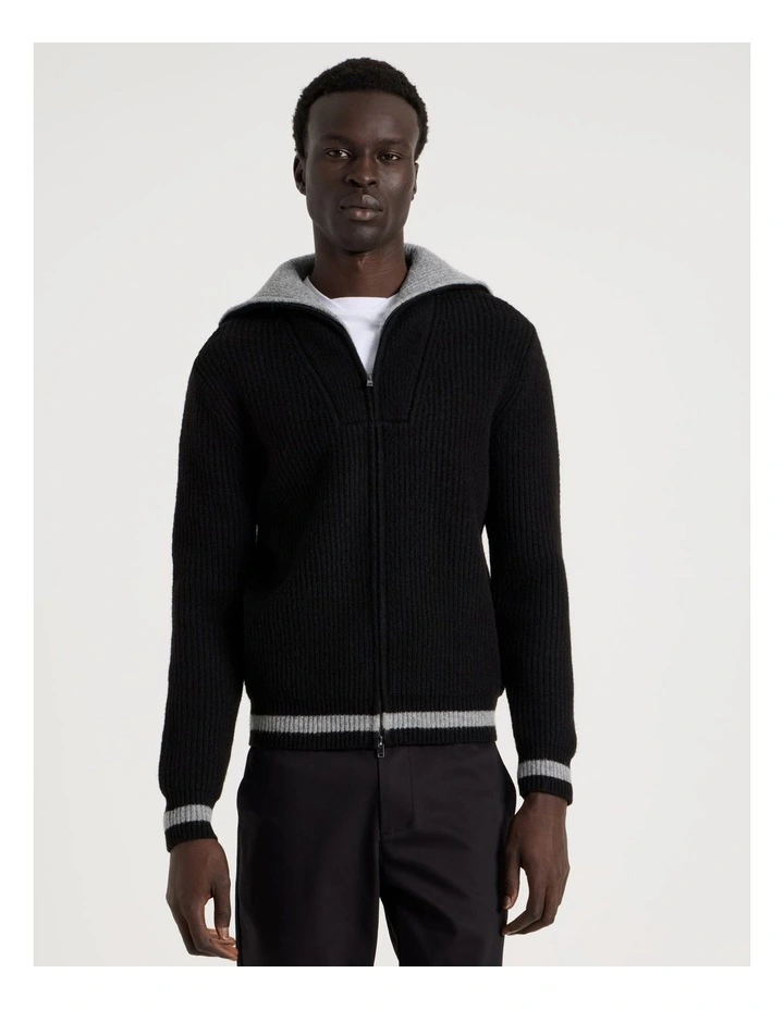 Contrast Collar Zip Through Bomber Knit in Black image 1