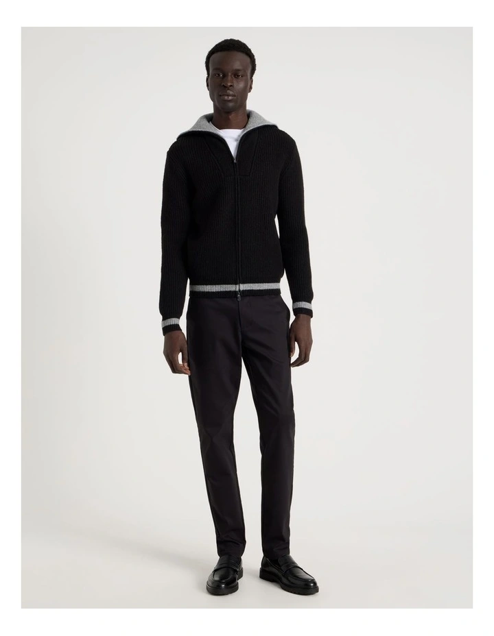 Contrast Collar Zip Through Bomber Knit in Black image 2