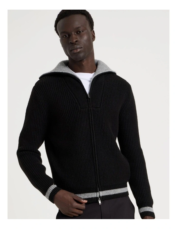 Contrast Collar Zip Through Bomber Knit in Black image 3