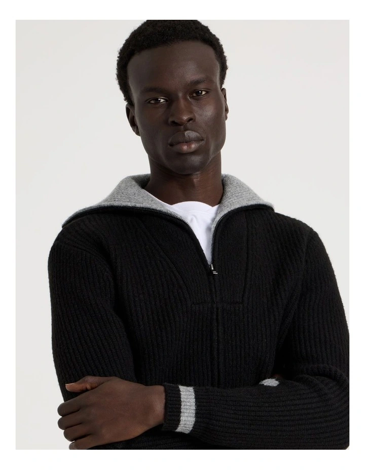 Contrast Collar Zip Through Bomber Knit in Black image 4