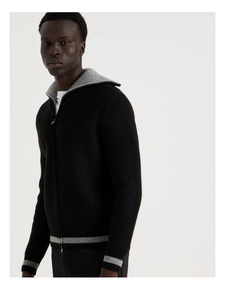 Contrast Collar Zip Through Bomber Knit in Black image 5
