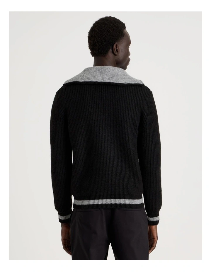 Contrast Collar Zip Through Bomber Knit in Black image 6