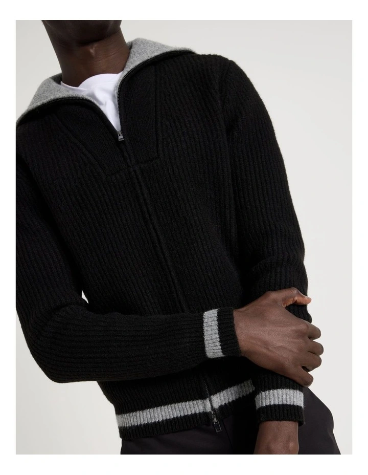 Contrast Collar Zip Through Bomber Knit in Black image 7
