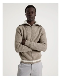 Contrast Collar Zip Through Bomber Knit in Beige