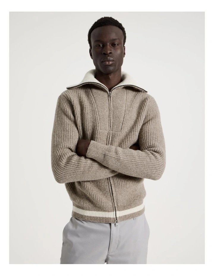 Contrast Collar Zip Through Bomber Knit in Beige image 1