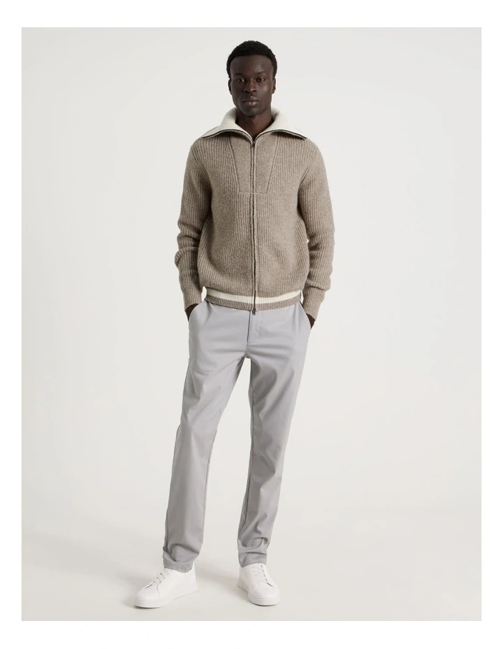 Contrast Collar Zip Through Bomber Knit in Beige image 2