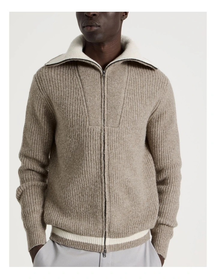 Contrast Collar Zip Through Bomber Knit in Beige image 3