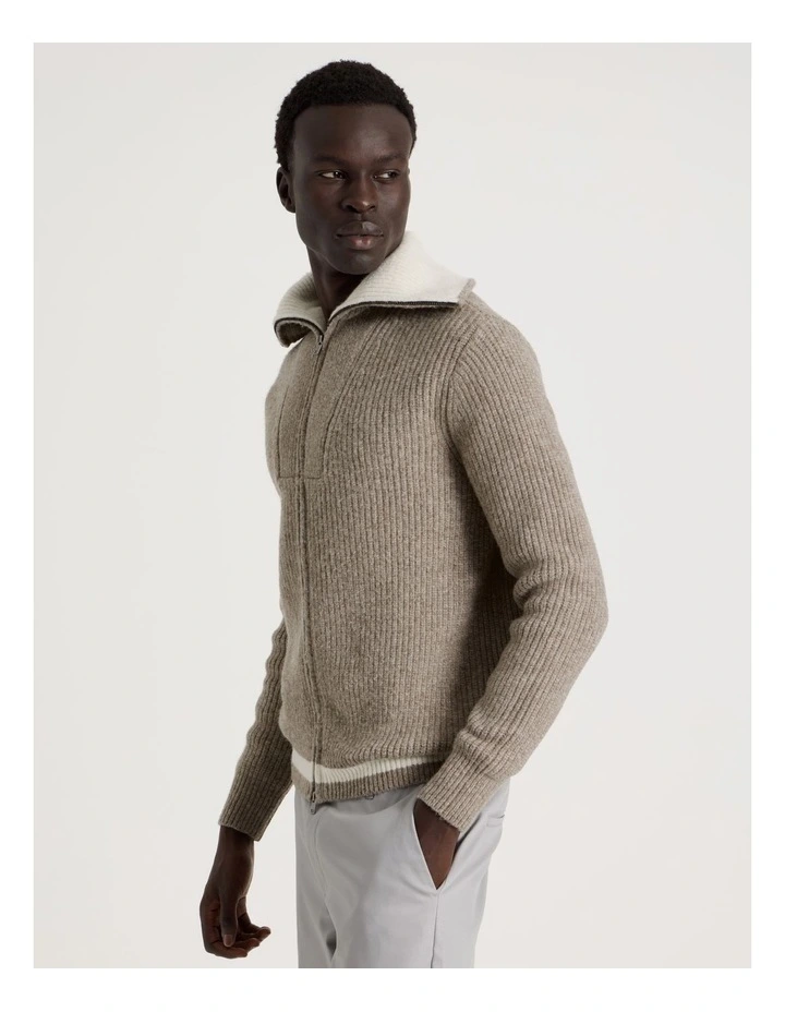 Contrast Collar Zip Through Bomber Knit in Beige image 4