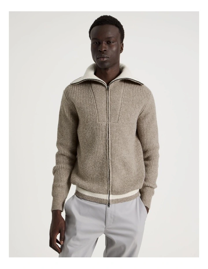 Contrast Collar Zip Through Bomber Knit in Beige image 5