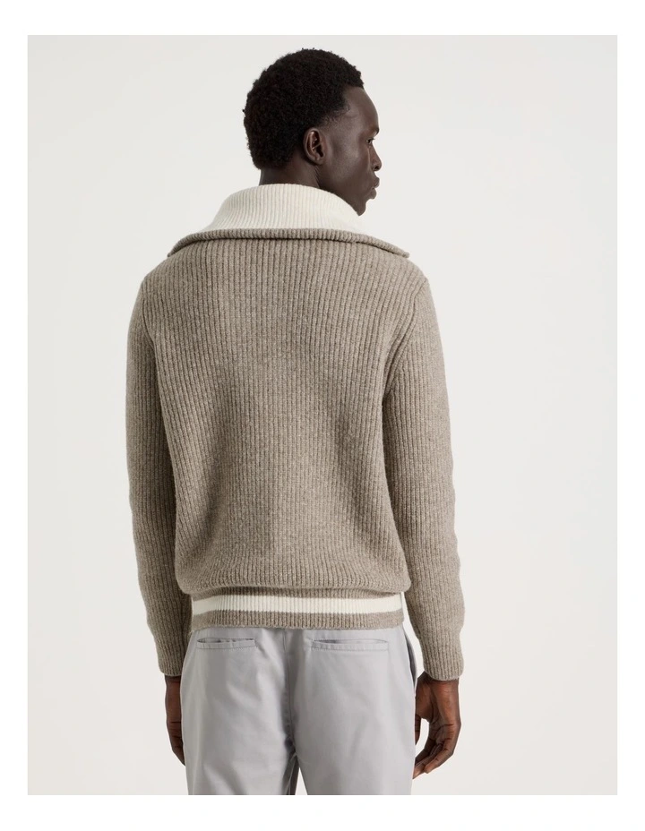 Contrast Collar Zip Through Bomber Knit in Beige image 6