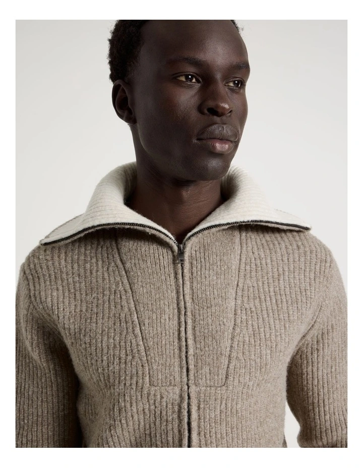 Contrast Collar Zip Through Bomber Knit in Beige image 7