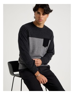 Blaq Colour Block Crew Neck Knit in Charcoal