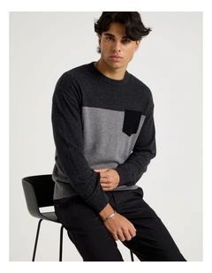 Colour Block Crew Neck Knit in Charcoal