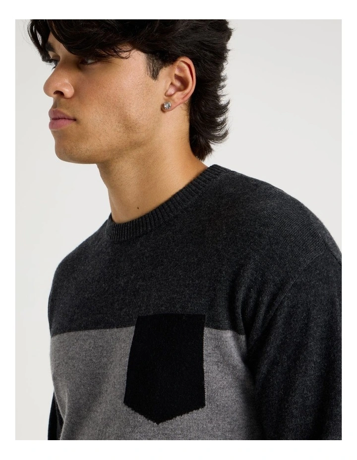 Colour Block Crew Neck Knit in Charcoal image 3