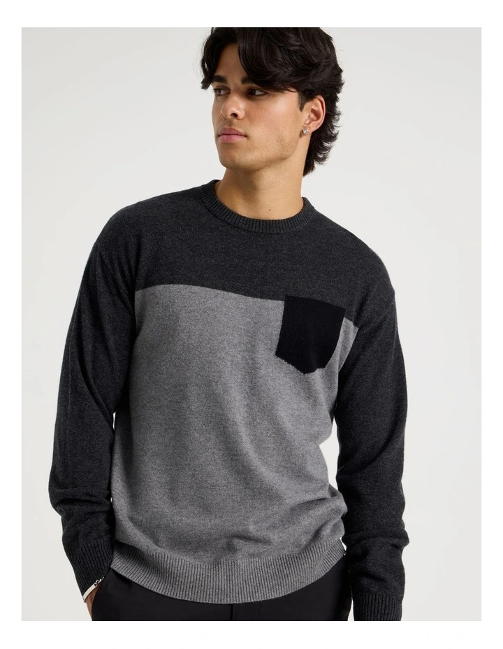 Colour Block Crew Neck Knit in Charcoal image 4