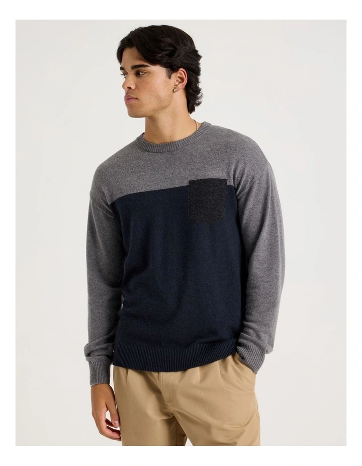 Colour Block Crew Neck Knit in Navy image 1
