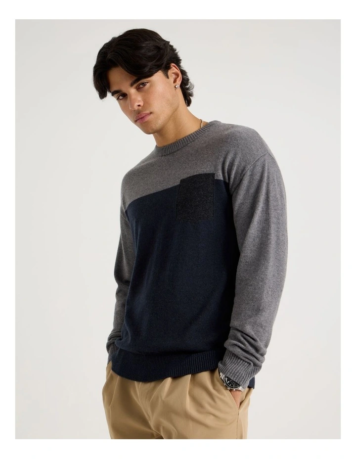 Colour Block Crew Neck Knit in Navy image 3