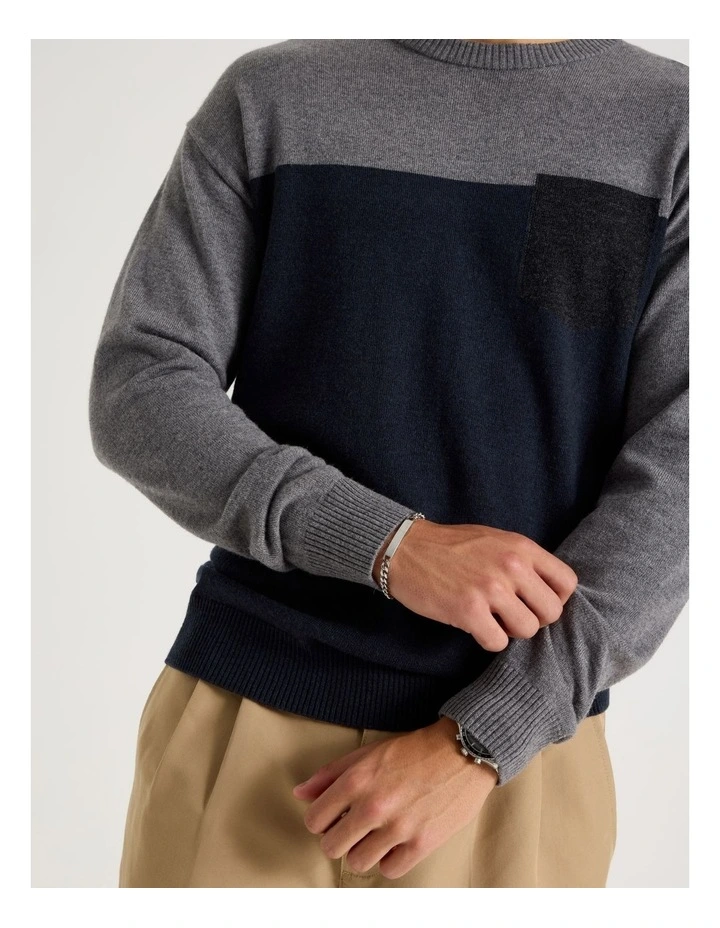Colour Block Crew Neck Knit in Navy image 4