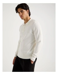 Long Sleeve 1/4 Zip Cotton/Wool Knit Polo in Ecru