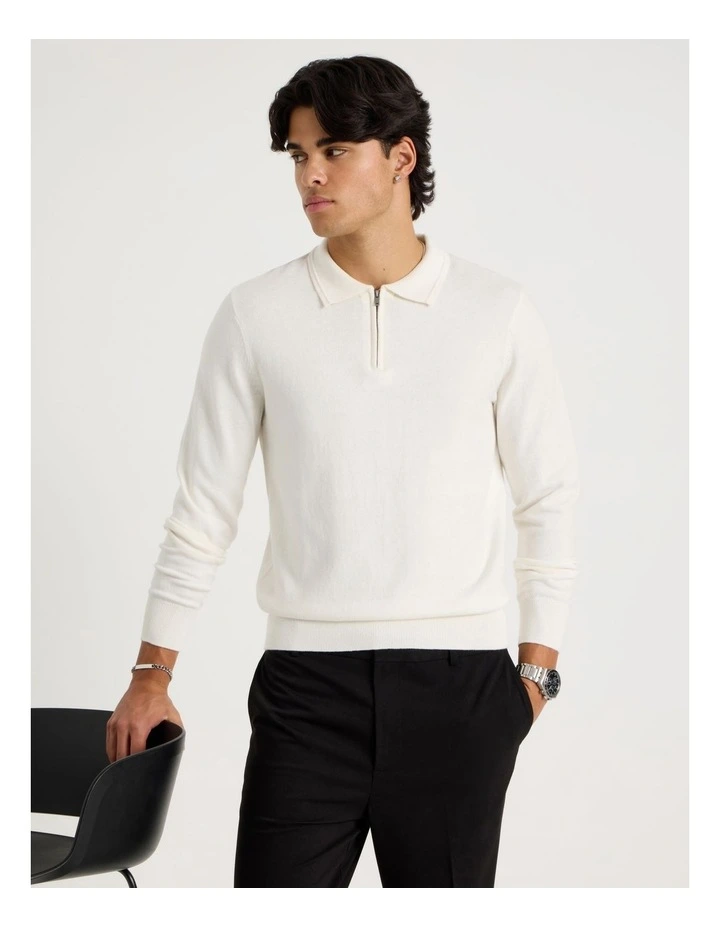 Long Sleeve 1/4 Zip Cotton/Wool Knit Polo in Ecru image 3