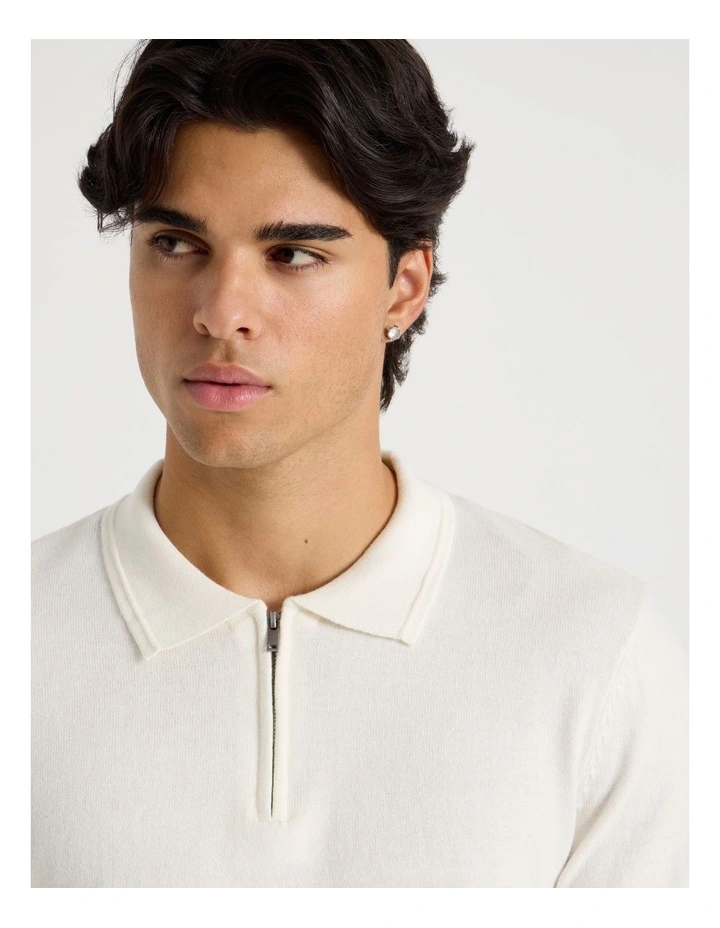 Long Sleeve 1/4 Zip Cotton/Wool Knit Polo in Ecru image 4