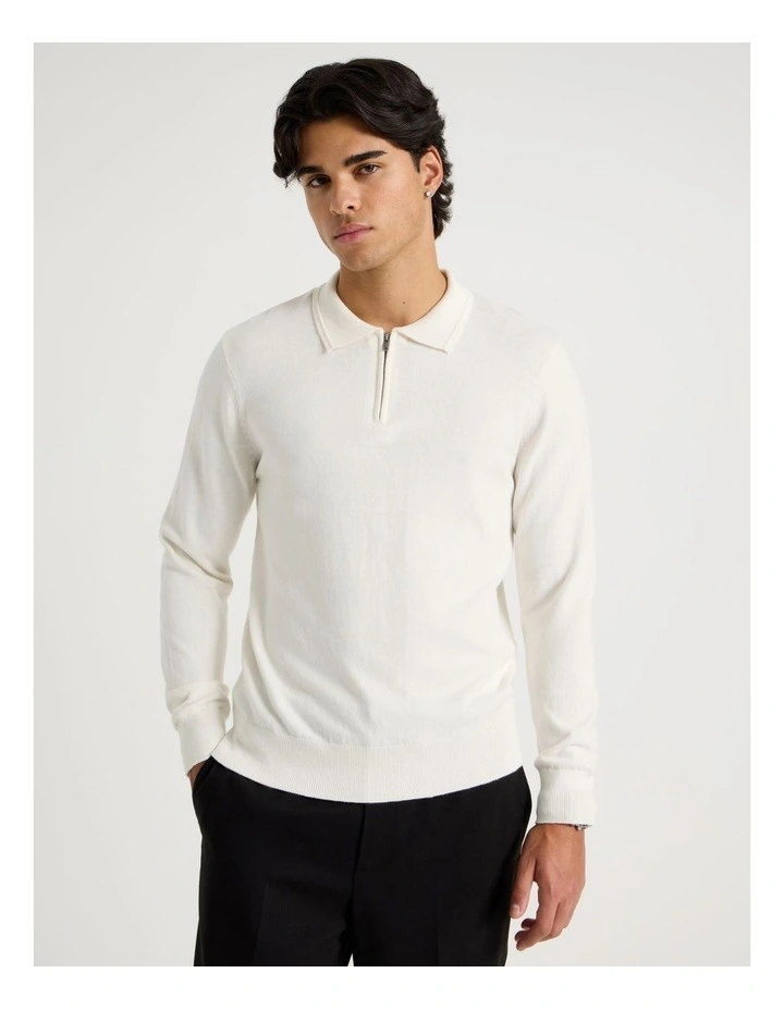 Long Sleeve 1/4 Zip Cotton/Wool Knit Polo in Ecru image 5