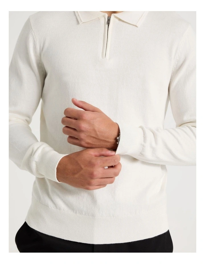 Long Sleeve 1/4 Zip Cotton/Wool Knit Polo in Ecru image 7