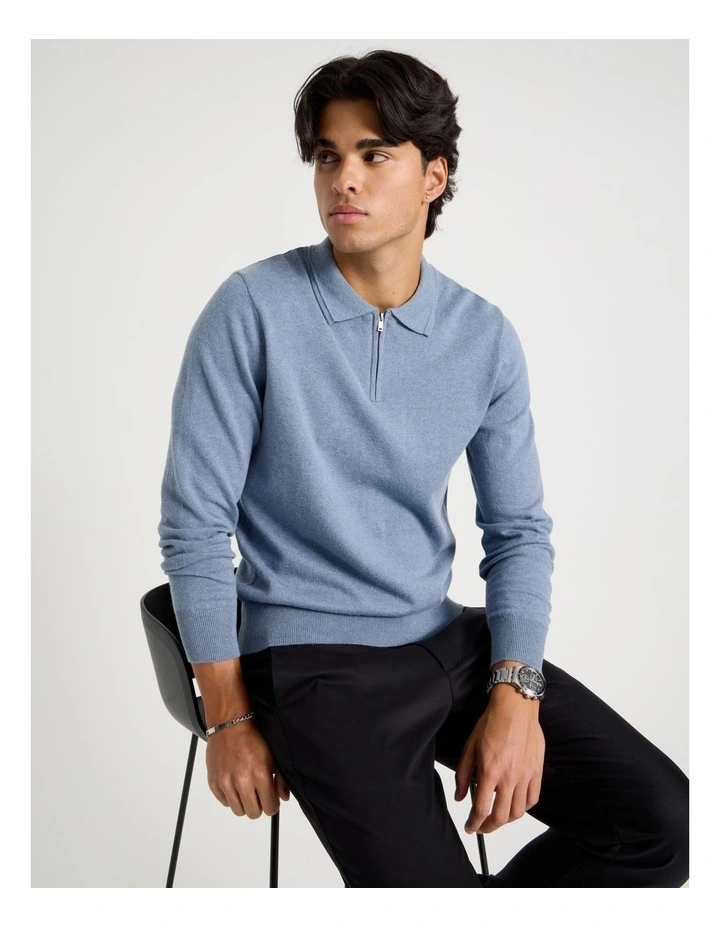 Long Sleeve 1/4 Zip Knit Polo in Light Blue image 2