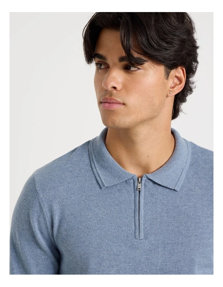 Long Sleeve 1/4 Zip Knit Polo in Light Blue image 4