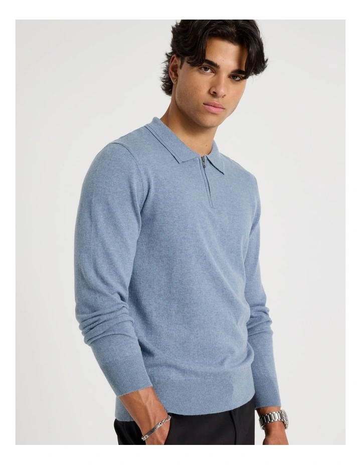 Long Sleeve 1/4 Zip Knit Polo in Light Blue image 5