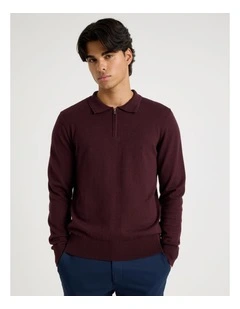Long Sleeve 1/4 Zip Knit Polo in Burgundy