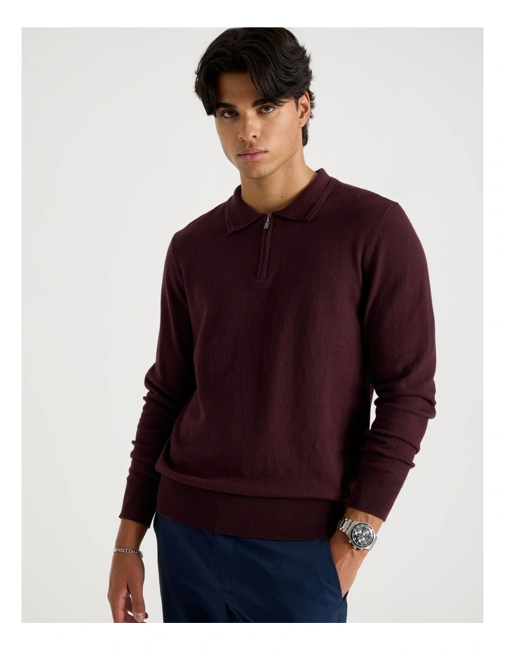 Long Sleeve 1/4 Zip Knit Polo in Burgundy image 5