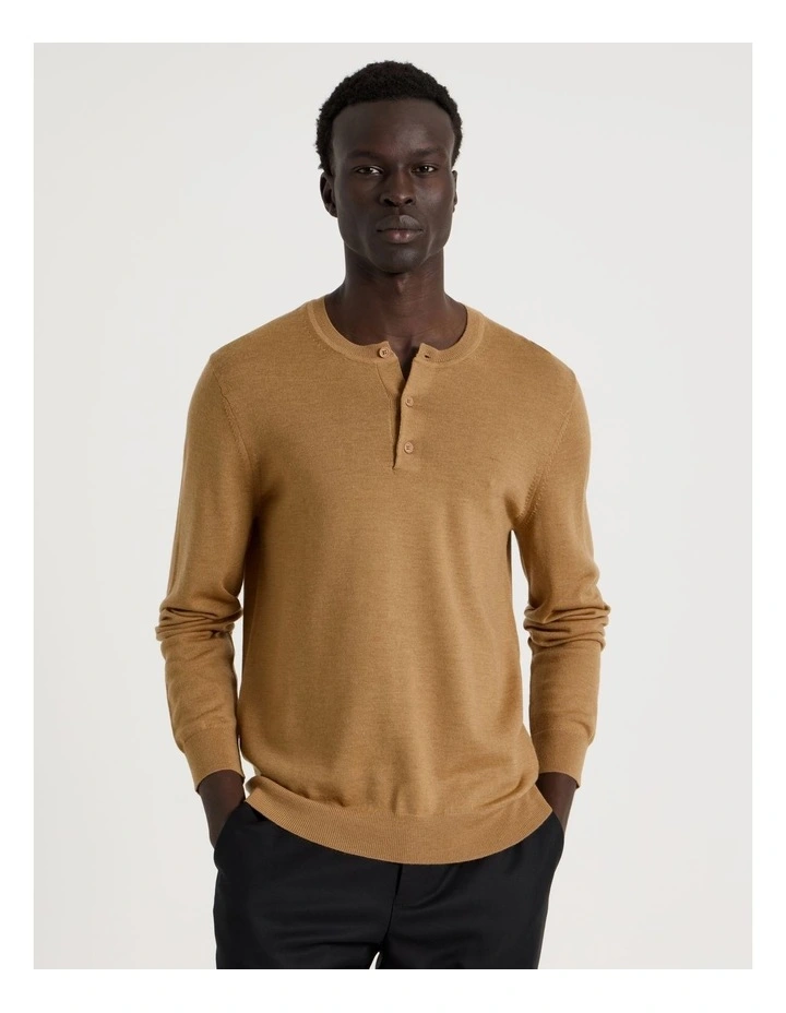 Merino Wool Henley Knit Tan image 2