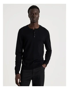 Merino Wool Henley Knit in Black