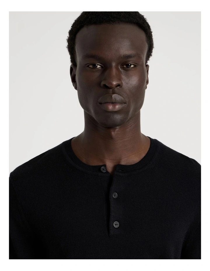 Merino Wool Henley Knit in Black image 3