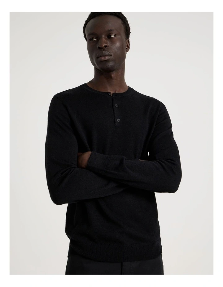Merino Wool Henley Knit in Black image 4