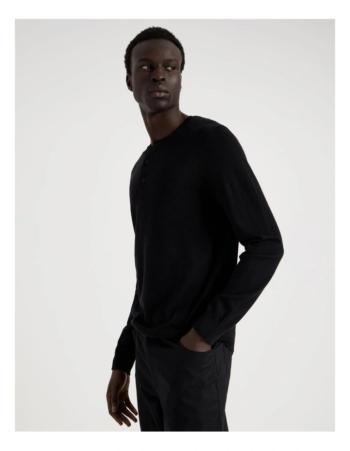 Merino Wool Henley Knit in Black image 5