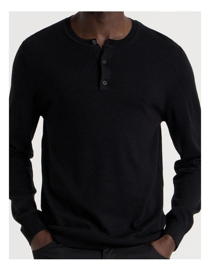 Merino Wool Henley Knit in Black image 7