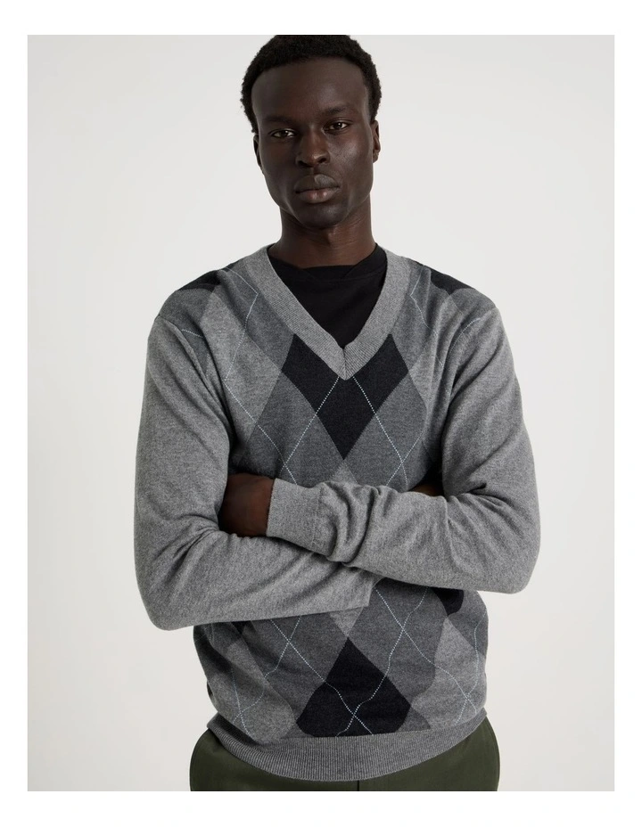Argyle V-Neck Long Sleeve Knit in Grey image 1