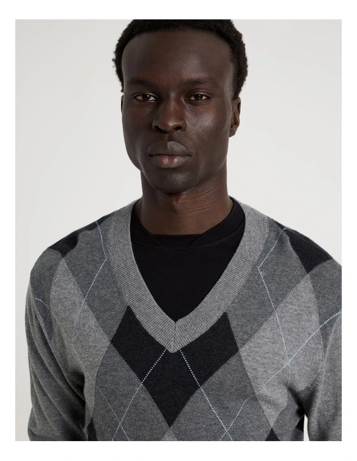 Argyle V-Neck Long Sleeve Knit in Grey image 4